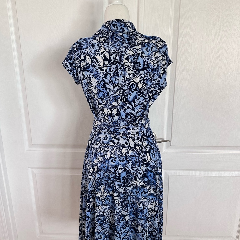Boston Proper Blue and White Wrap Midi Dress - Picture 3 of 10